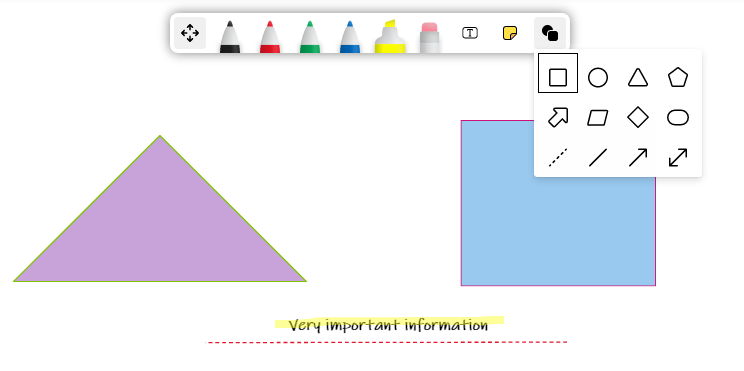 screenshot of whiteboard features, including two shapes and highlighted text