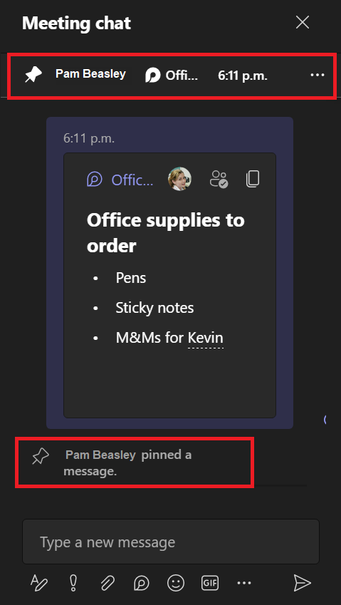 screenshot of loop component in teams meeting chat. One red box is around the pinned message and a second red box is around the 'Pam Beasley pinned a message' text