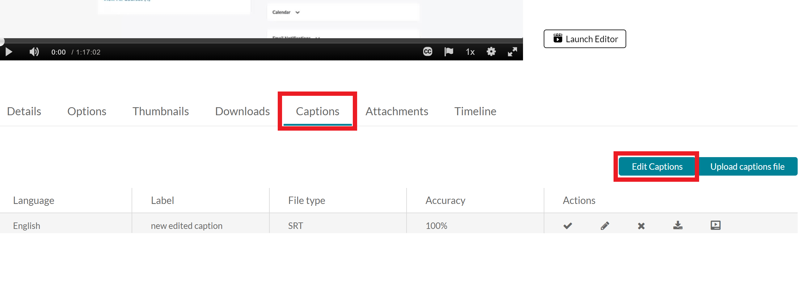 Highlighting edit captions button in Kaltura media