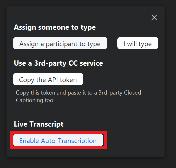 Displaying Zoom Auto Transcription Button