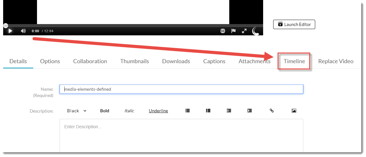 Underneath the selected media, select timeline on the right
