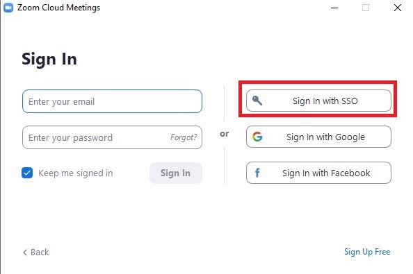 Click "Sign In with SSO" from the Zoom application. 