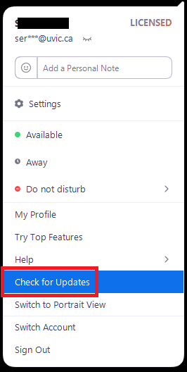 Select "Check for Updates" from the drop-down list.