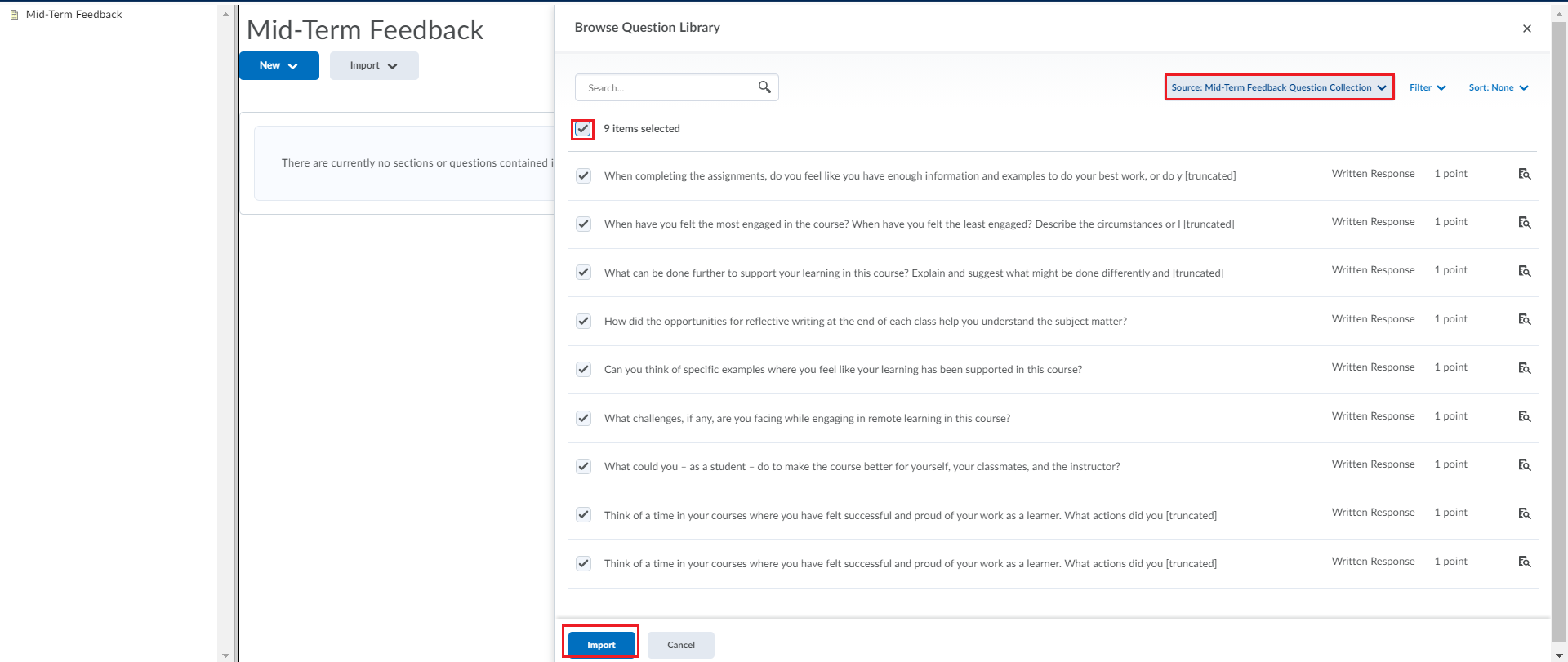 Select the answers you would like to import and click "Import".