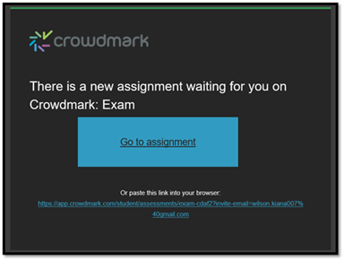 This is a screenshot of the Crowdmark email notification you will receive once there is a new assignment. Select go to assignment to access the assignment.