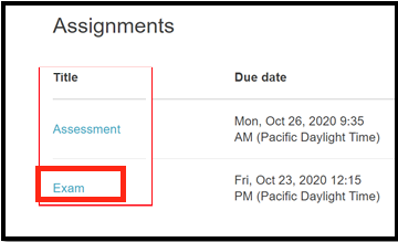 This is a screenshot of how the assignment will show up. You will see the assignment title, and the due date and time of the assignment.