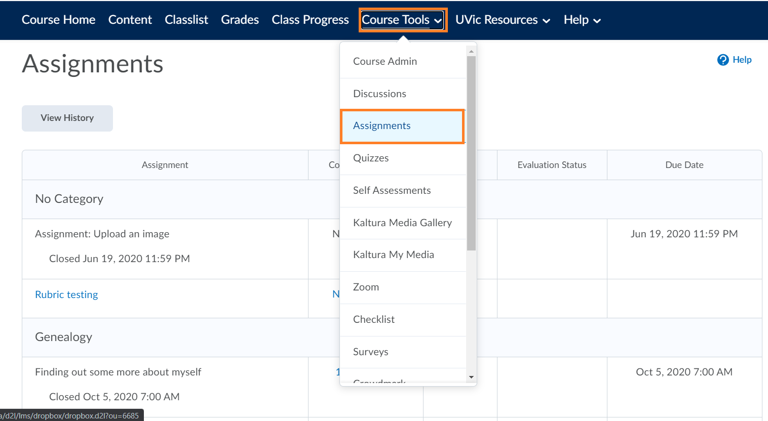 Assignments is the third option under the Course Tools tab. The Course Tools tab is in the navigation bar at the top after "Class progress" and before "UVic Resources".