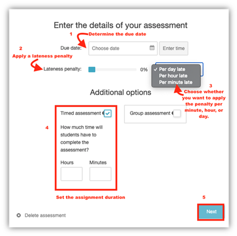 Screenshot of the page where you can enter the details of your assessment. On this page you can determine the due date, apply lateness penalties and set an assignment duration.