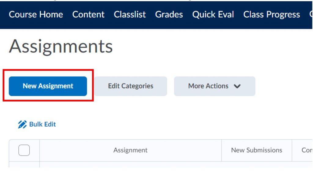 This picture shows the New Assignment button in the Assignment Tools, which is used to start making an assignment.