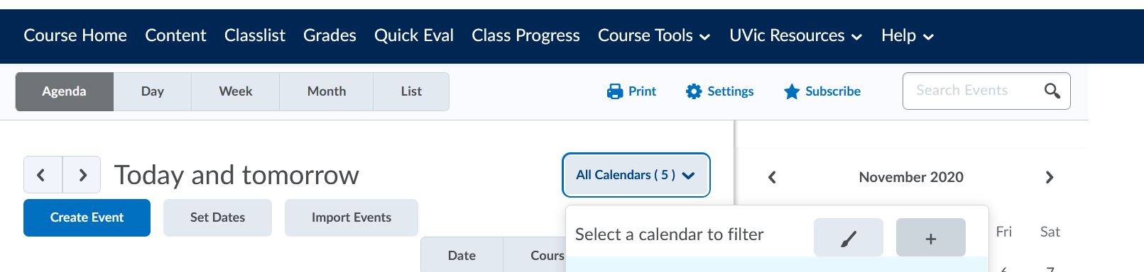 Select All Calendars to change the filter to look at a specific course calendar.