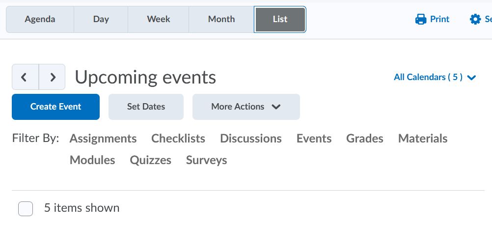 Under the List tab, you can filter the calendar by type of events, such as assignments, checklists, discussions etc.