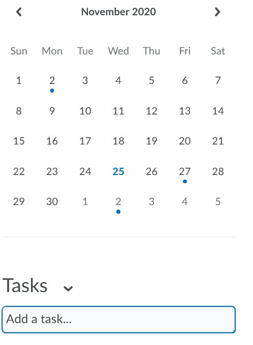 Dates with a blue dot shows that there is an event on that day. Under Tasks, you can add a new task. 