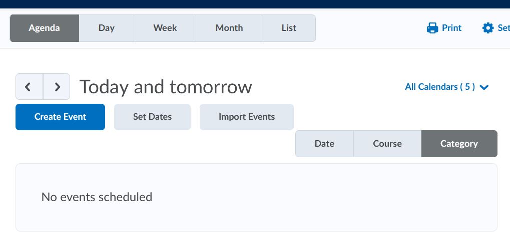 Under the Agenda tab, you can create events in the Calendar by clicking 'Create Events'. The 'Set dates' button allows you to set a date restriction on existing course contents and activities.