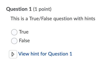 A true/false question has a drop-down menu to the left of the words "View hint for question 1" at the bottom.
