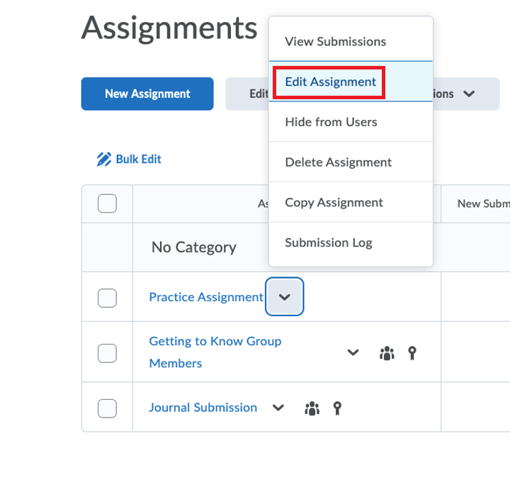 Beside the Assignment you want to remove, select edit assignment in the drop-down arrow.