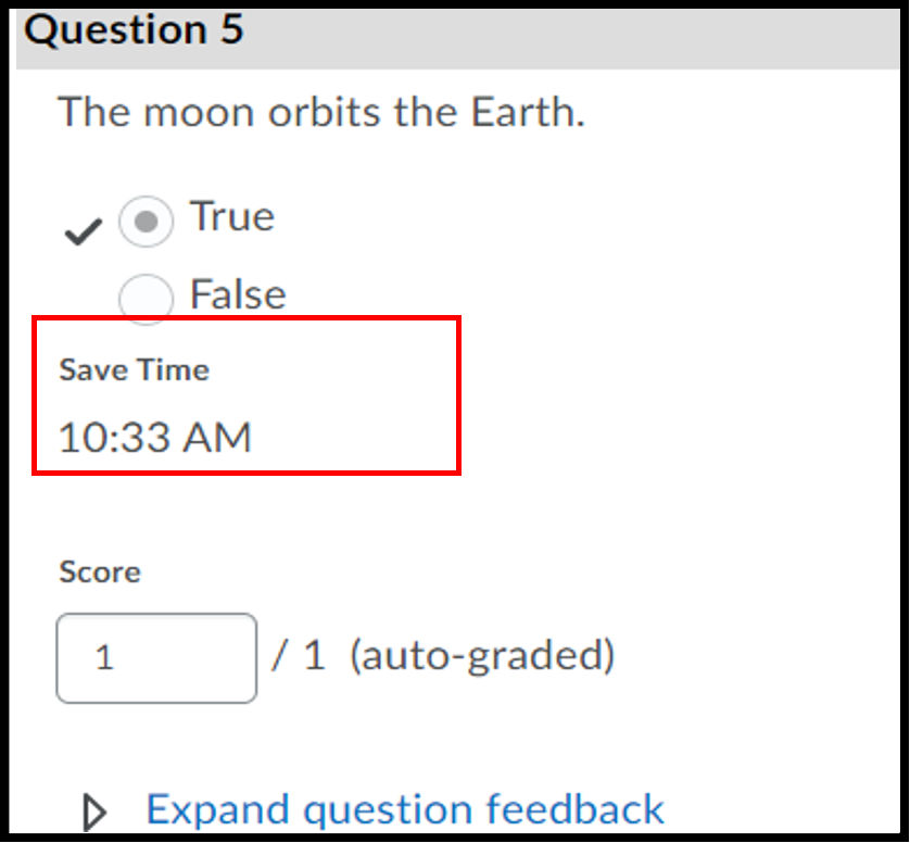 grace period example displaying the time a question answer was saved