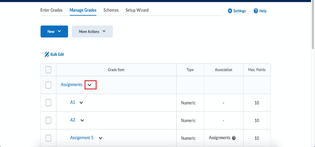 Under Manage Grades, select the drop-down beside the grade category you want to hide from students.