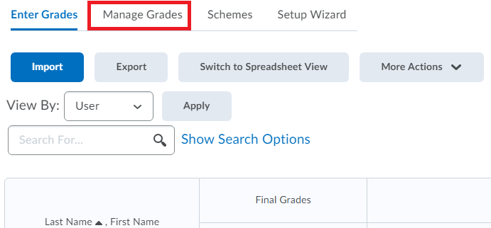 Image showing "Manage Grades" within the "Grades" option