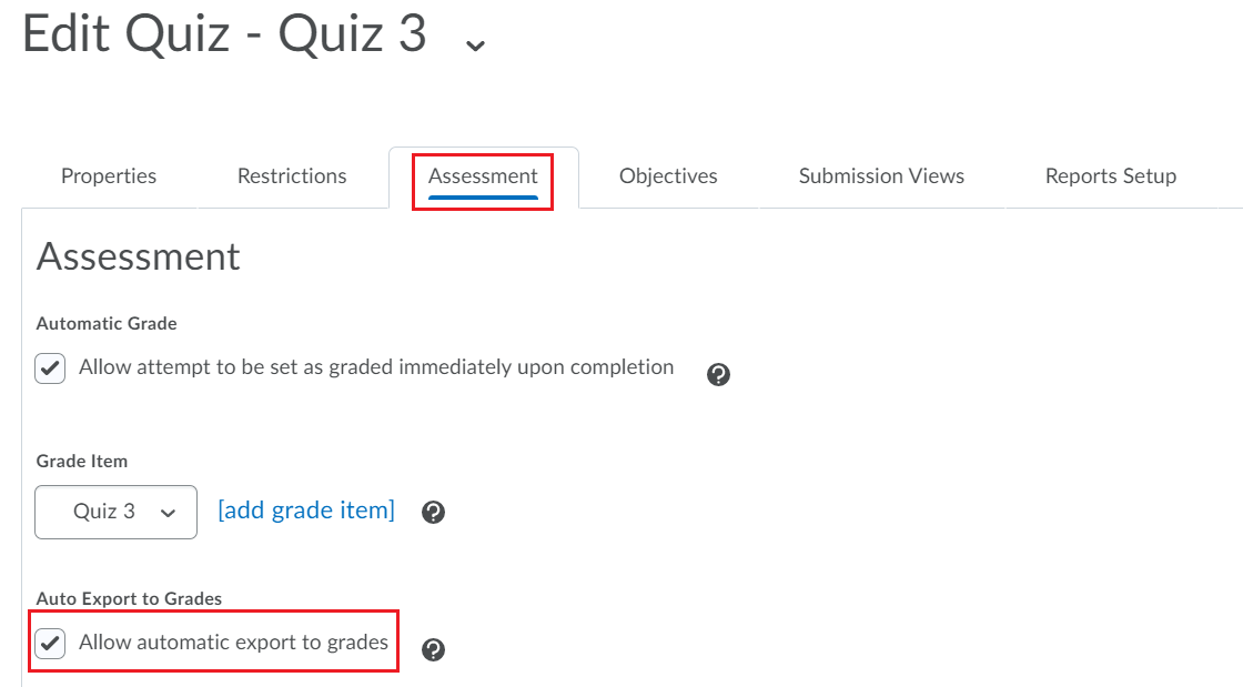 In the quiz you want to have grades automatically export to gradebook, go to the assessment tab in the quiz settings. Check off Allow automatic export to grades option under auto export to grades.