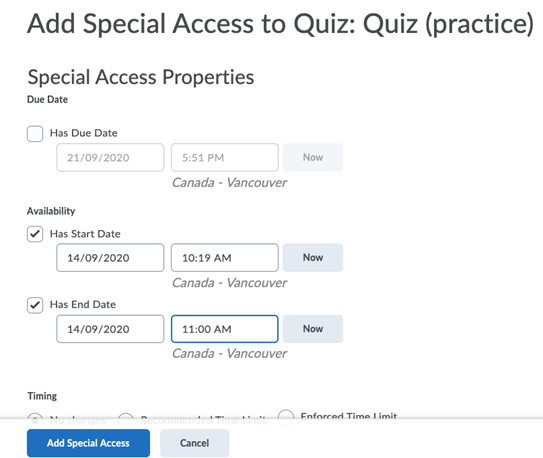 Dates and times can be adjusted using the provided date and time boxes. Enable these by ticking the boxes to the left of the dates and selecting "Add special access" at the bottom.