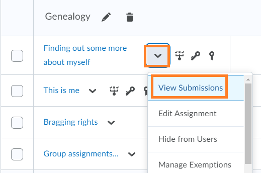 The drop-down menu arrow is to the right of the assignment title. "View submissions" is the first drop-down item.