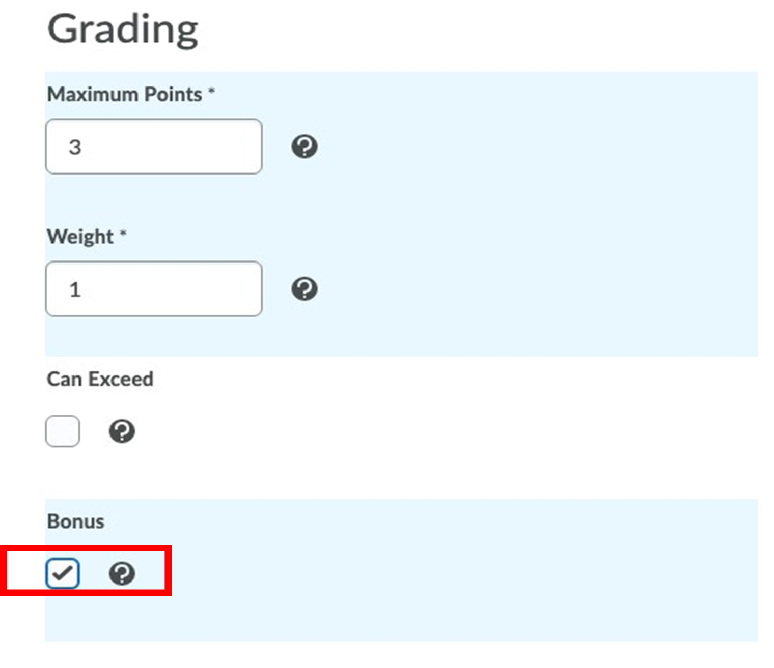 Each numeric grade item has the following options: i) maximum points; ii) weight; iii) can exceed (optional); and iv) bonus (check this box). Enter numeric values for points and weight.