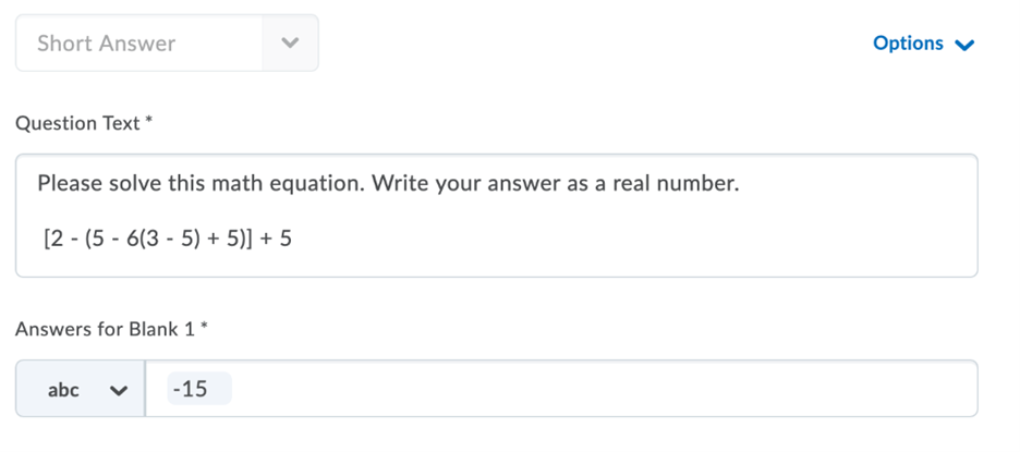 A numeric question is input into the Brightspace Short Answer question text box and the answer is displayed immediately below.