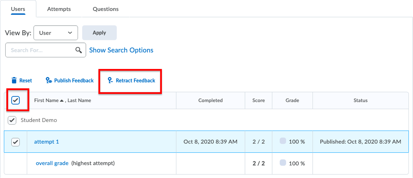 "Retract Feedback" selected