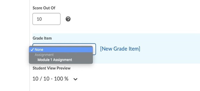 "None" is the first option under the drop-down menu for the "Grade item" section in the relevant assignment.