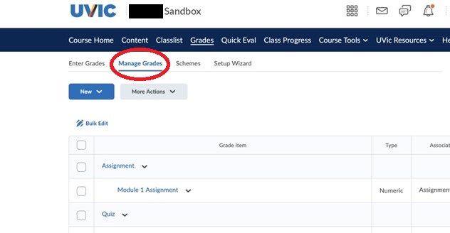 The manage grades option is to the right of "enter grades" at the top left corner. Grade items are then listed in their relevant categories below.