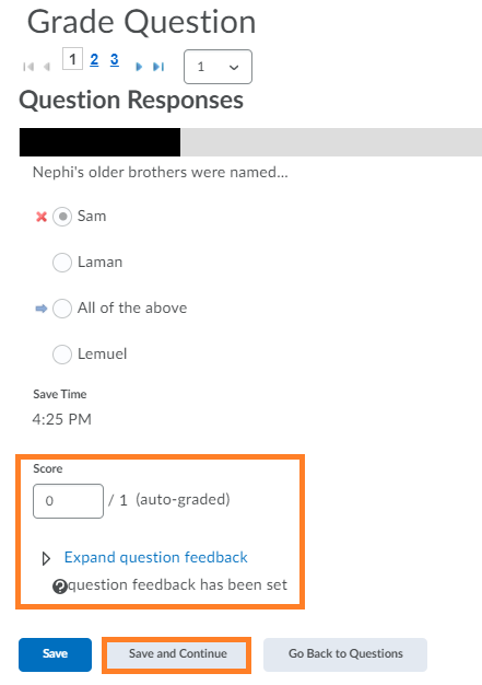 The default interface for marking each question: One response per page, the learner's name and response, their score, a drop-down menu for adding feedback, and "save", "save and continue", and "go back to questions" at the bottom. 