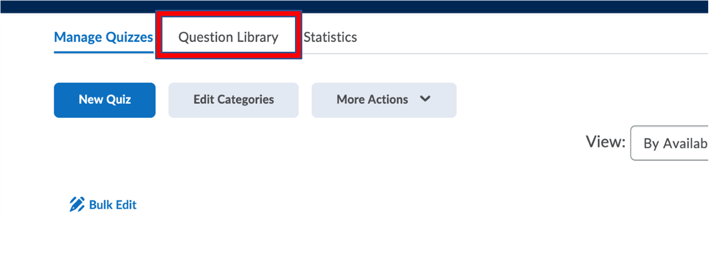 The "question library" tab is to the right of "manage quizzes" in the Quizzes tool.