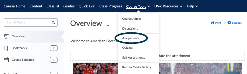 Select Assignments from the Course Tools drop-down menu in the navbar