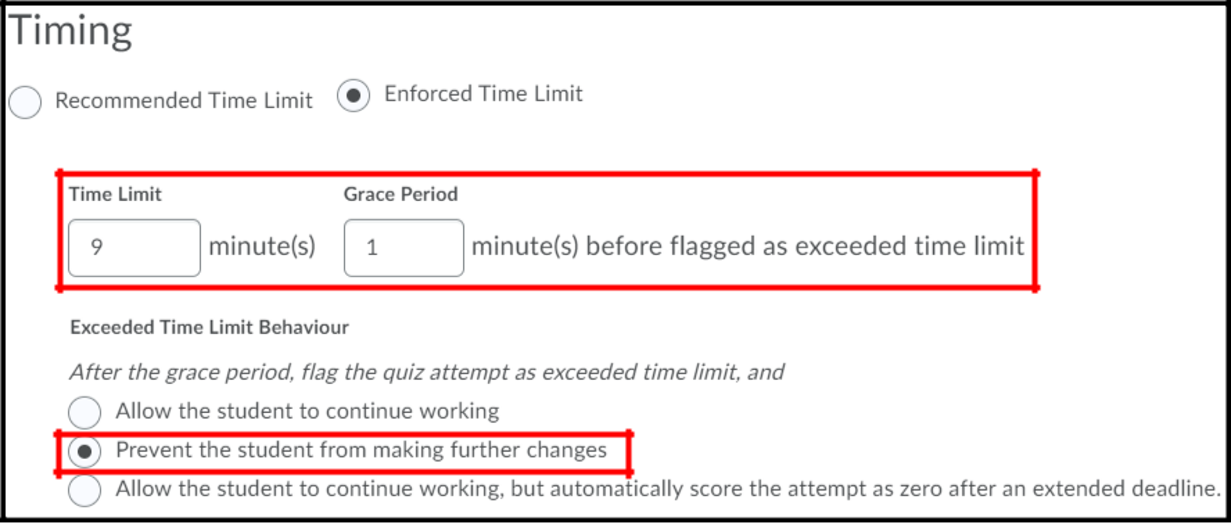 quiz restructions displaying Timing options on Brightspace, focusing enforced time limit as 9 minutes with 1 minute grace period. Additionally, the exceeded time limit behaviour is "Prevent the student from making further changes".