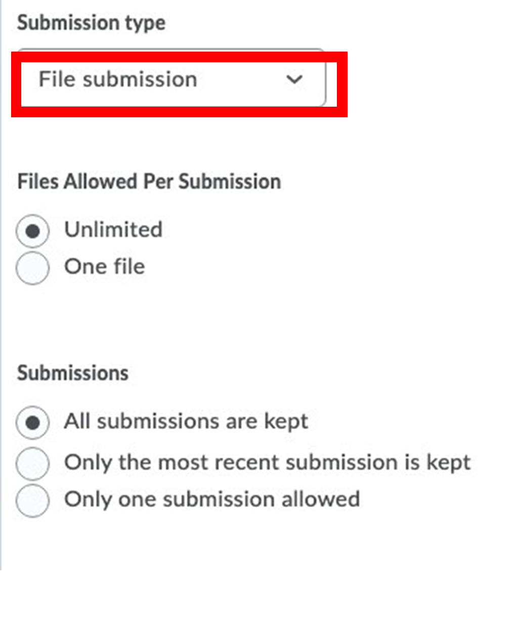 Screenshot of where you can customize the submission type