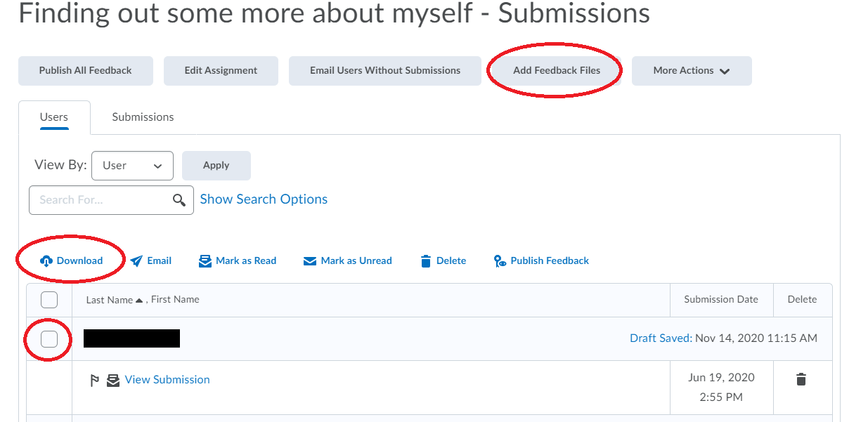 The option to "Add feedback files" is at the top, immediately after "Email users without submissions"; the option to download learner submissions is immediately after the "Show search options" link. Each learner and their submission can be selected by a checkbox to the immediate left of their name.