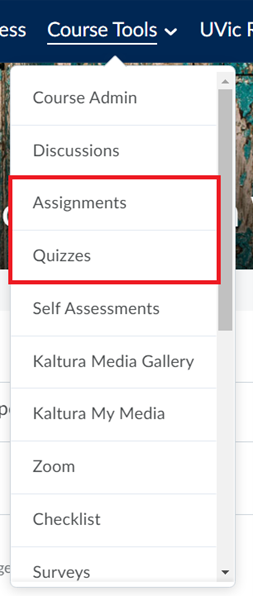 The Assignments and Quizzes tools are the second and third options under the Course Tools menu, respectively. 