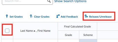 To have all grades published, select the checkbox at the top left of the menu, located next to last name, first name. Then select Release/unrelease (which has a key icon with an eye) located above on the right. 