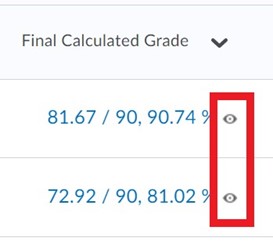 Under final calculated grade, next to each learner's grade mark, there should be a gray eyeball icon on the right. This indicates that the grade is visible to the learner.