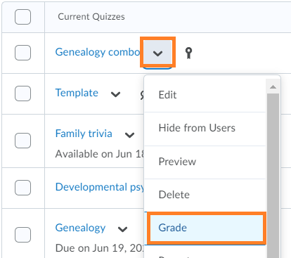 "Grade" is the fifth option under the drop-down menu to the right of a quiz title. It is preceded by the "Delete" option.