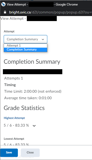 A pop-up appears with the learner's attempt. The default view is completion summary, where you can see the number of attempts made, the time, and grade statistics. You can change to view the specific attempt details using the drop-down menu under the "attempt" section at the top.