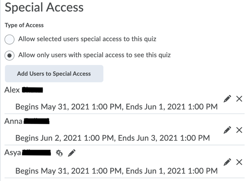 This is a screen capture of an example of a Special Access Settings List 