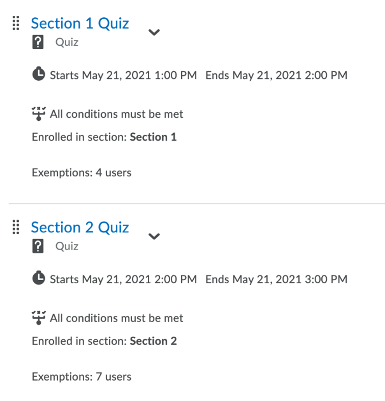 Quizzes are restricted to specific sections
