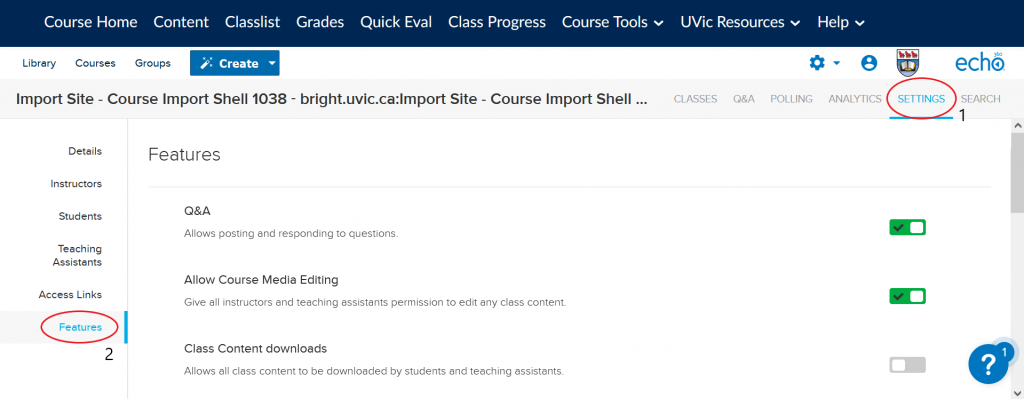 Screenshot of Ech360 showing how to access course feature toggles