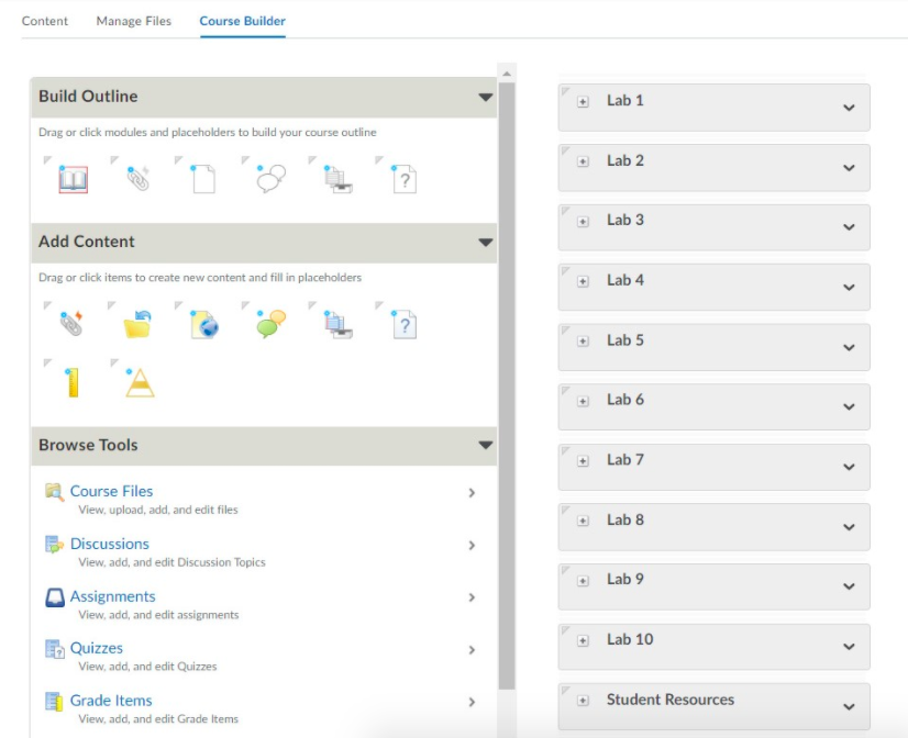 view of Course Builder interface showing modules and content
