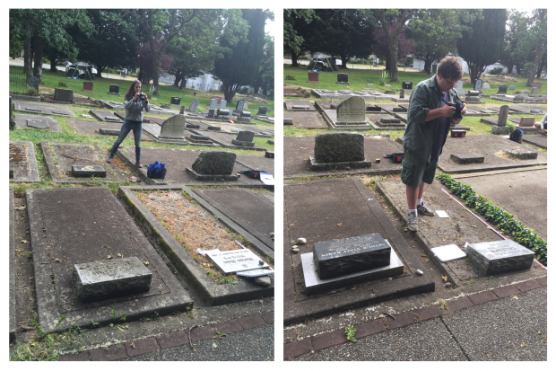 Michaela taking a wide shot photo of a monument (left) while Cole takes a close up (right)