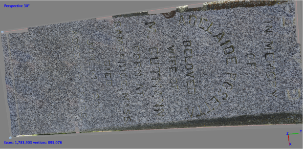 Screenshot of unmodified 3D model of Gutmann’s monument, demonstrating the obscured nature of areas of the inscription. Created in PhotoScanPro.