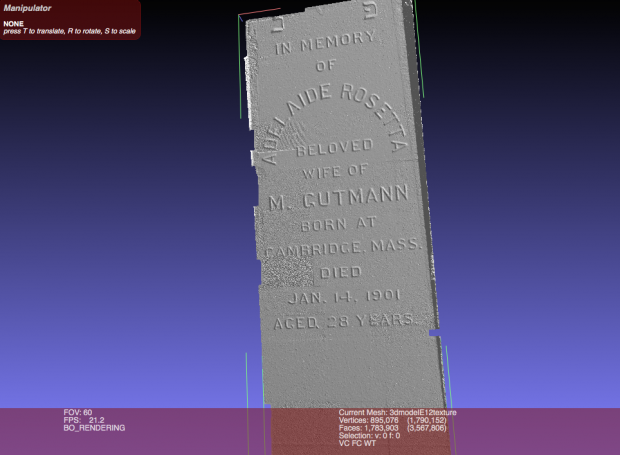 A screenshot of monument E12, Removed texture and dynamically relit 3D model, showing the improved readability of the inscription. Created using MeshLab.