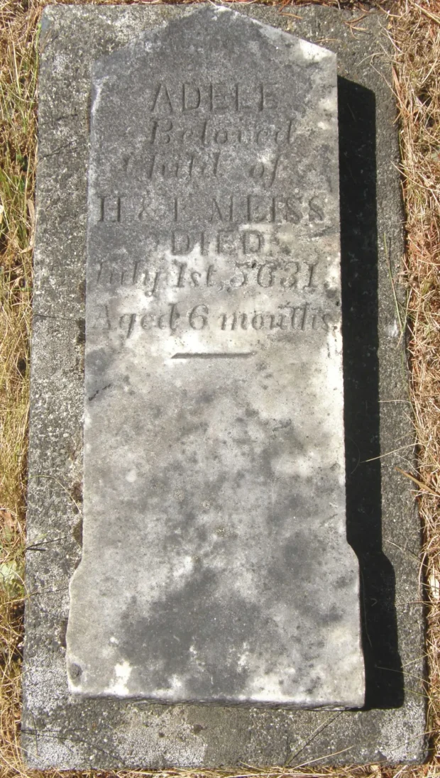 A weathered gravestone laid flat. Inscription reads: Adele Beloved Child of H & E Meiss Died July 1st 5631 Aged 6 Months