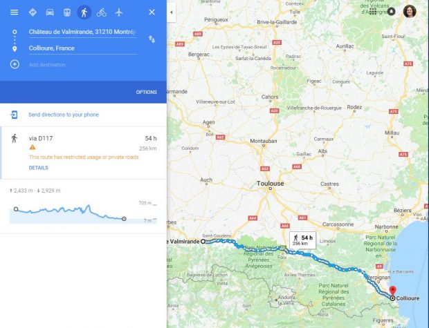 An image from Google Maps showing the distance between Chateau de Valmirande and Collieure, France.
